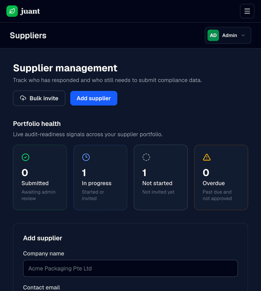 Juant.io supplier request flow showing progress and evidence upload steps